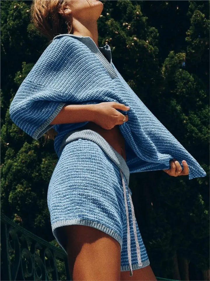 Women's Two Piece Set – Knit V-Neck Top & Matching Shorts
