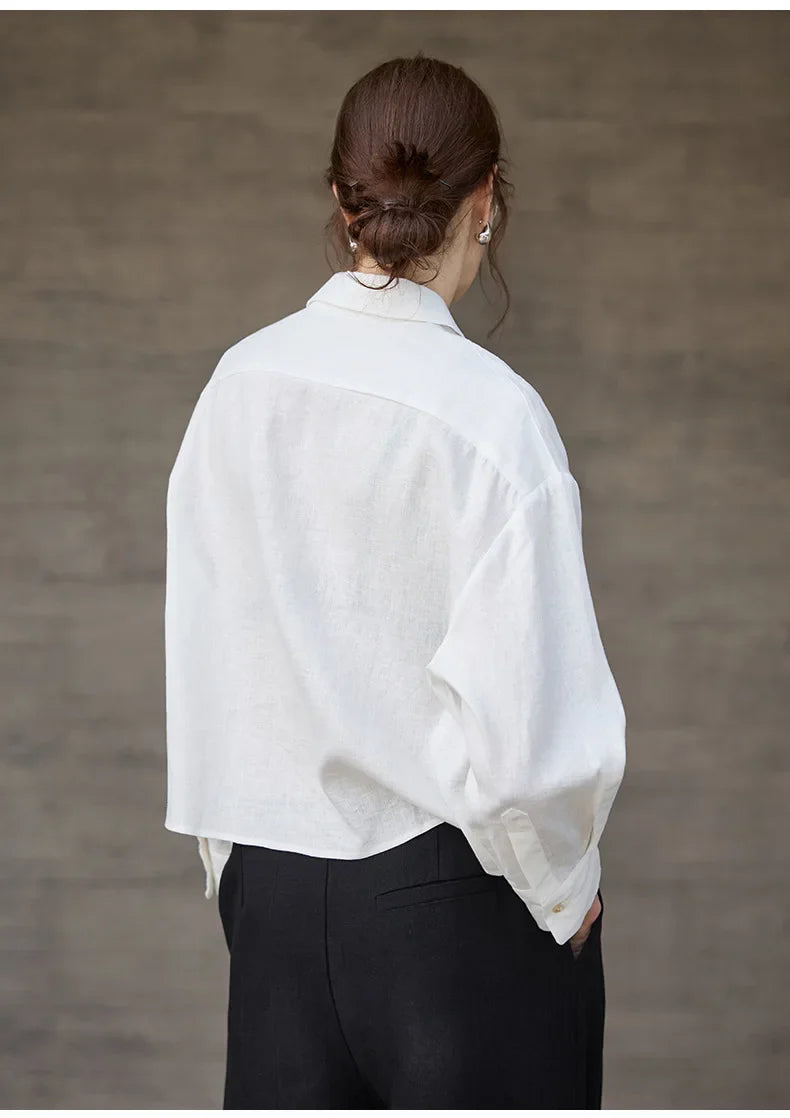 Women's 100% Linen Cropped Oversized Shirt – Long Sleeve