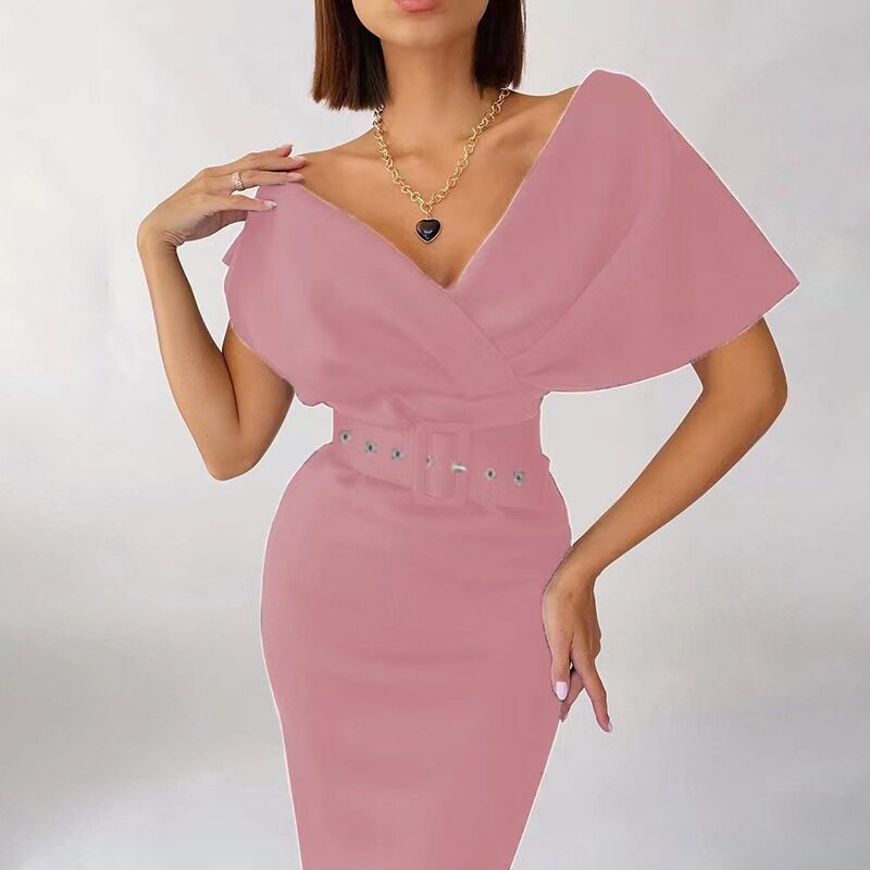 Women's Off-Shoulder Bodycon Midi Dress – Belted Sculpted Fit