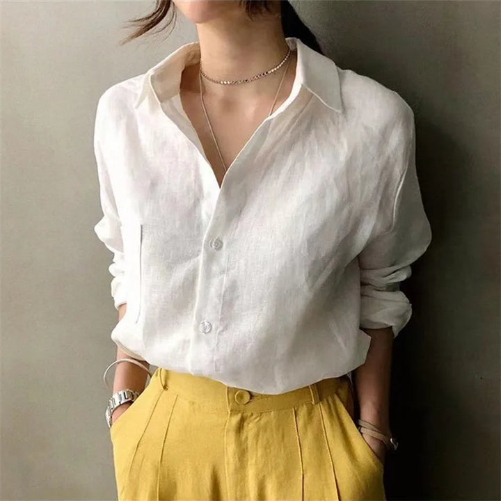 Women's Soft Linen Blend Open Collar Shirt – Relaxed Oversized Fit