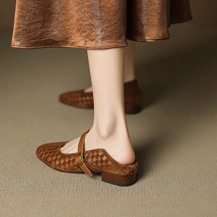 Women's Sheepskin Woven Mary Jane Shoes Diamond Pattern – Block Heel