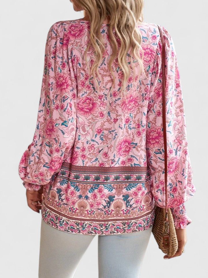 Women's Boho Floral Peasant Top V-Neck – Long Sleeve Gathered Summer