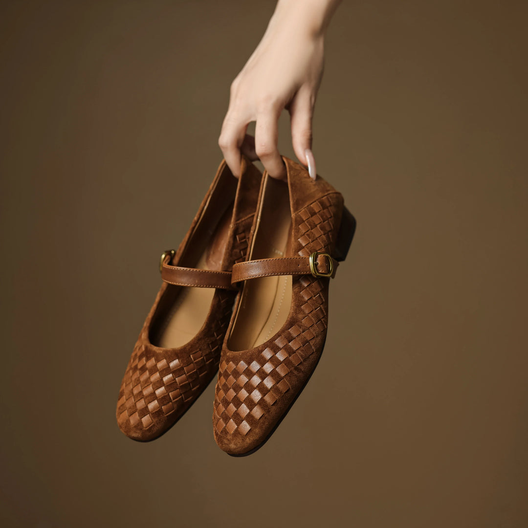 Women's Sheepskin Woven Mary Jane Shoes Diamond Pattern – Block Heel