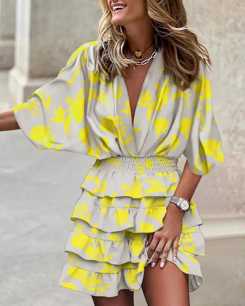 Women's Boho Printed Ruffle Mini Dress V-Neck – Tiered Summer