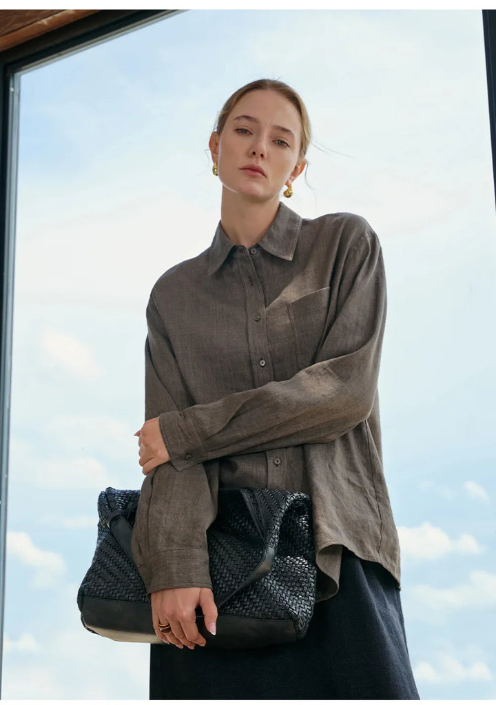 Women's Lyocell-Linen Blend Oversized Longline Shirt – Classic Collar
