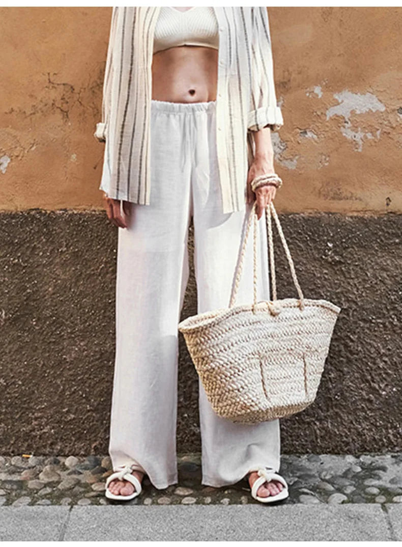 Women's Linen Wide Leg Pants – Low-Rise Elastic Drawstring Waist