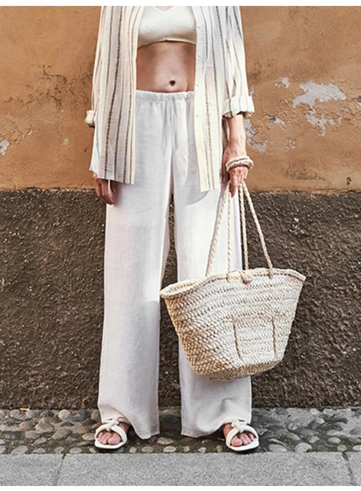 Women's Linen Wide Leg Pants – Low-Rise Elastic Drawstring Waist