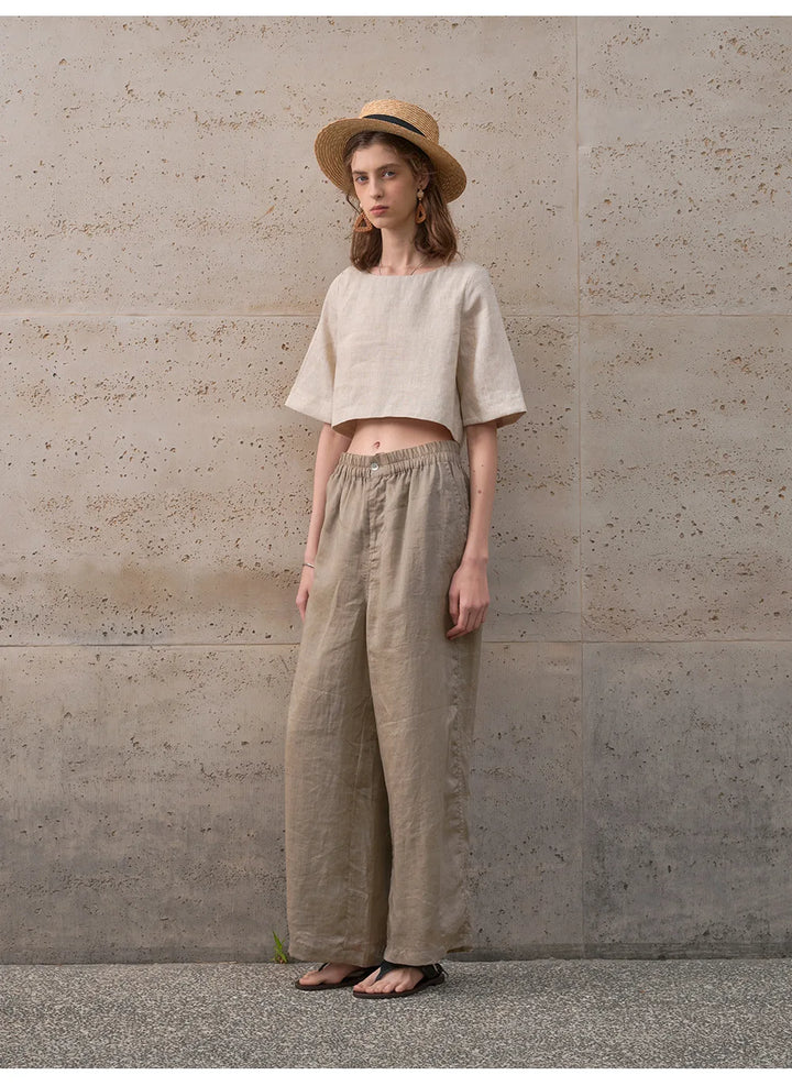 Women's 100% Linen Boxy Crop Top – Round Neck Half Sleeve