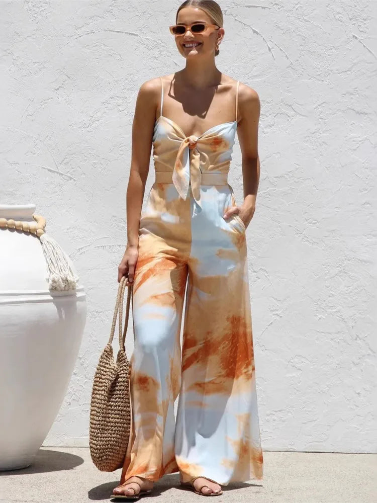 Women's Wide Leg Jumpsuit – Spaghetti Strap Bow Waist
