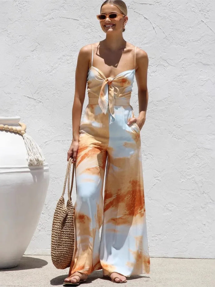 Women's Wide Leg Jumpsuit – Spaghetti Strap Bow Waist
