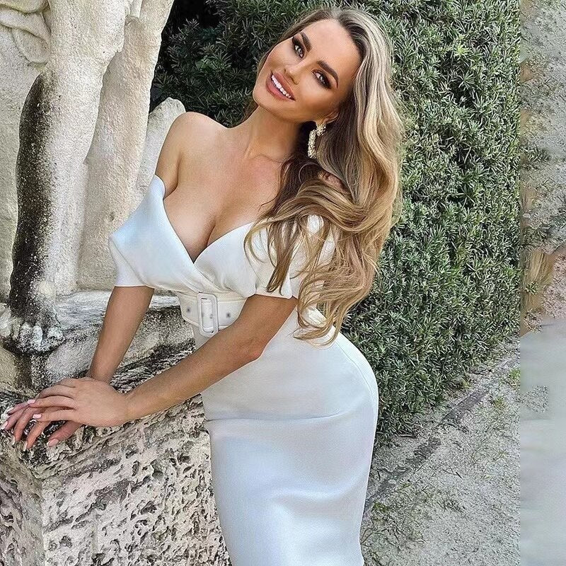 Women's Off-Shoulder Bodycon Midi Dress – Belted Sculpted Fit