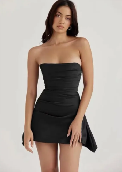 Strapless Satin Mini Dress with Asymmetrical Draped Hem Detail