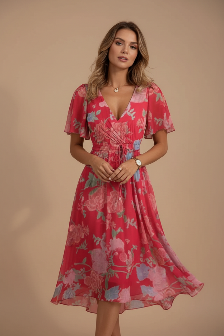 Maxi Dress for Women – Chiffon V-Neck Short Sleeve Summer Dress