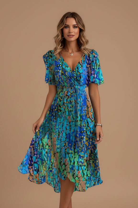 Maxi Dress for Women – Chiffon V-Neck Short Sleeve Summer Dress