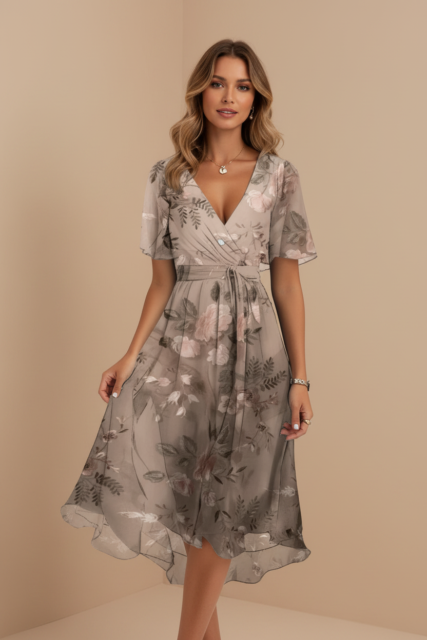 Maxi Dress for Women – Chiffon V-Neck Short Sleeve Summer Dress