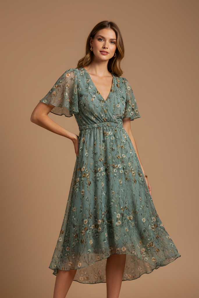 Maxi Dress for Women – Chiffon V-Neck Short Sleeve Summer Dress