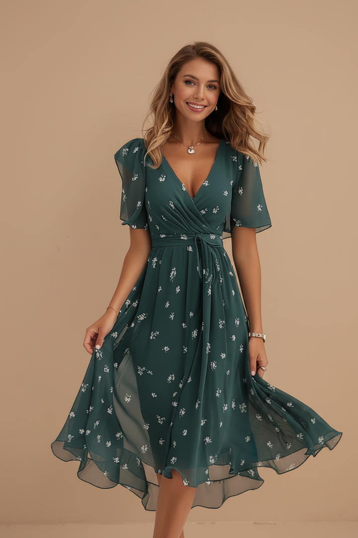 Maxi Dress for Women – Chiffon V-Neck Short Sleeve Summer Dress