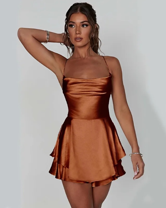 Mini Dress – Cowl Neck Spaghetti Strap, Flounce Hem A-Line