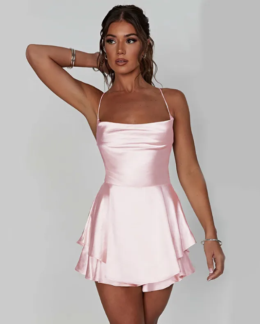 Mini Dress – Cowl Neck Spaghetti Strap, Flounce Hem A-Line