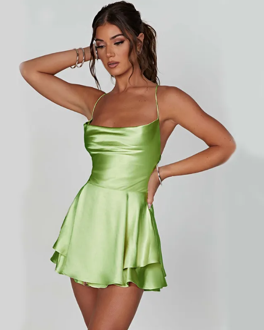 Mini Dress – Cowl Neck Spaghetti Strap, Flounce Hem A-Line