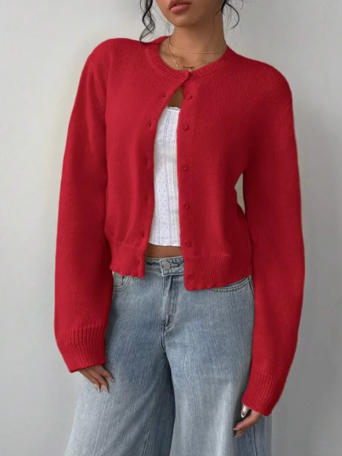 Cropped Cardigan – Knitted Slim Fit Long Sleeve Women&