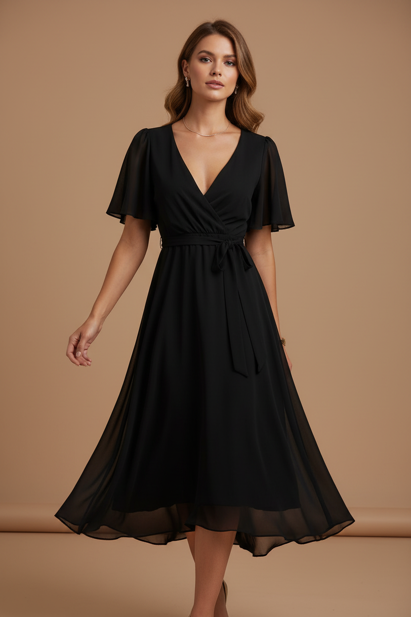 Maxi Dress for Women – Chiffon V-Neck Short Sleeve Summer Dress