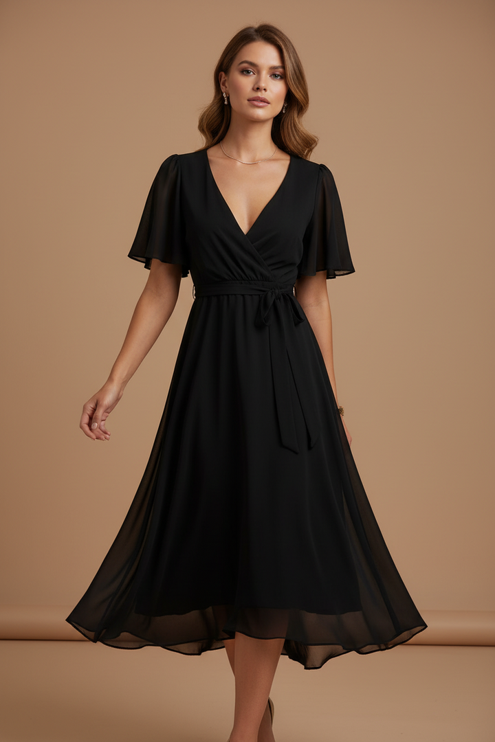 Maxi Dress for Women – Chiffon V-Neck Short Sleeve Summer Dress
