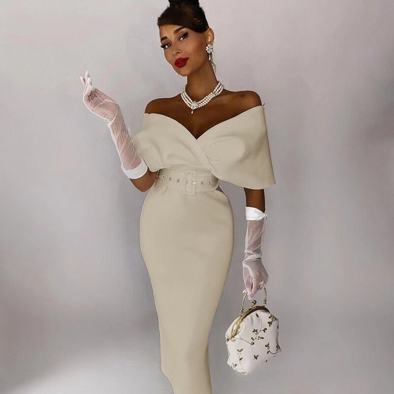 Women's Off-Shoulder Bodycon Midi Dress – Belted Sculpted Fit