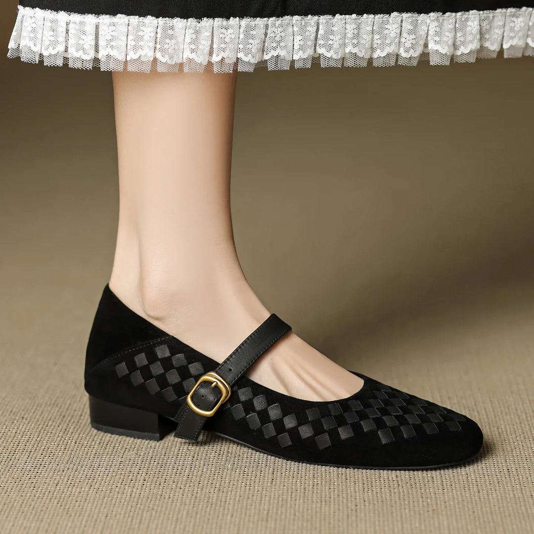 Women's Sheepskin Woven Mary Jane Shoes Diamond Pattern – Block Heel