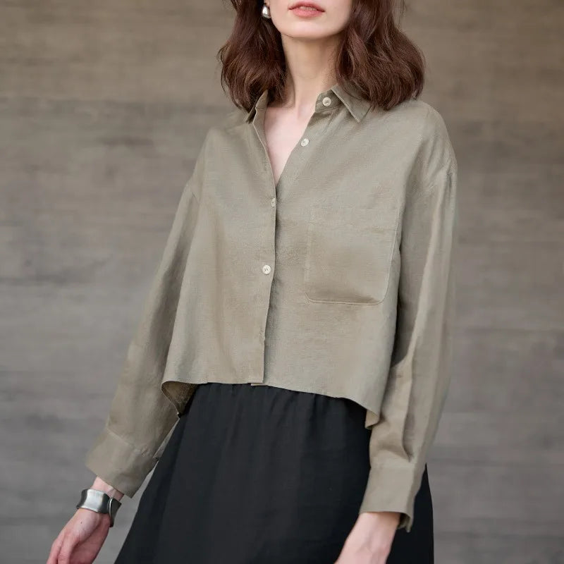 Women's 100% Linen Cropped Oversized Shirt – Long Sleeve