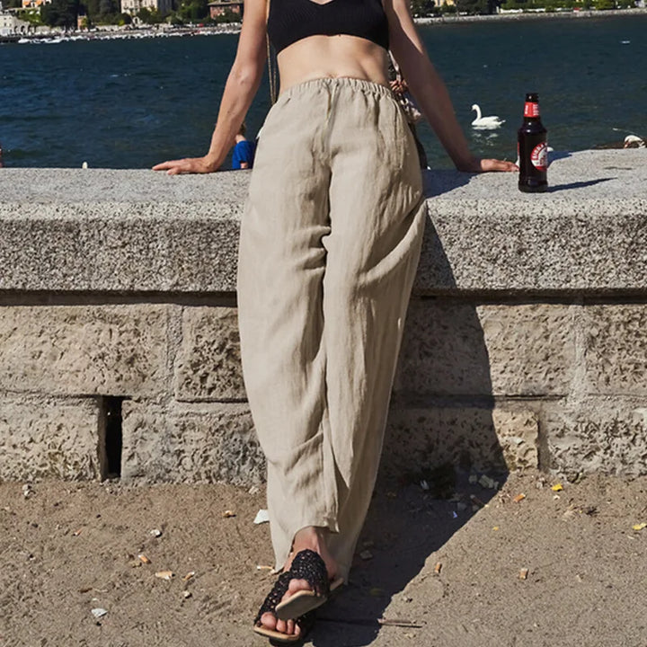 Women's Linen Wide Leg Pants – Low-Rise Elastic Drawstring Waist