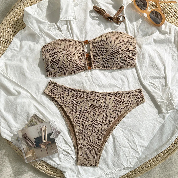 Women's Bandeau Bikini Set – Hollow Out Cutout & Leaf Print