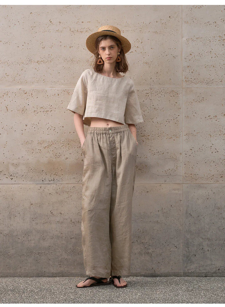 Women's 100% Linen Boxy Crop Top – Round Neck Half Sleeve