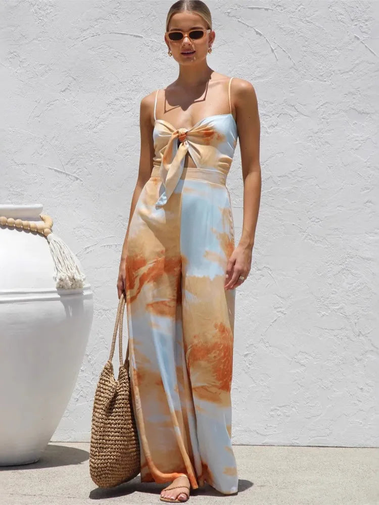 Women's Wide Leg Jumpsuit – Spaghetti Strap Bow Waist