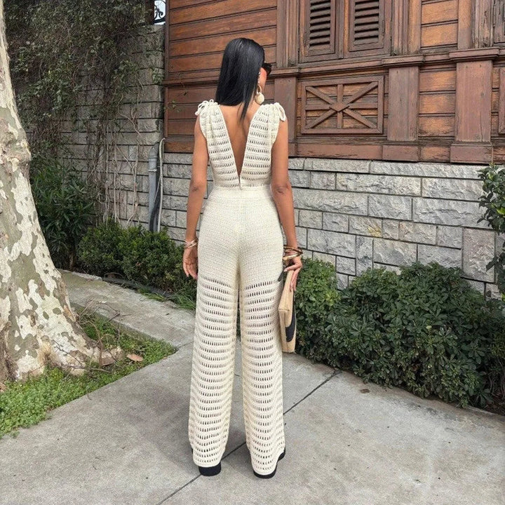 Women's Knit Backless Jumpsuit V-Neck – Bodycon Sleeveless Longline