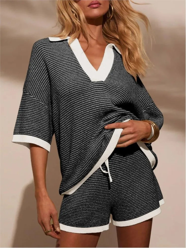 Women's Two Piece Set – Knit V-Neck Top & Matching Shorts