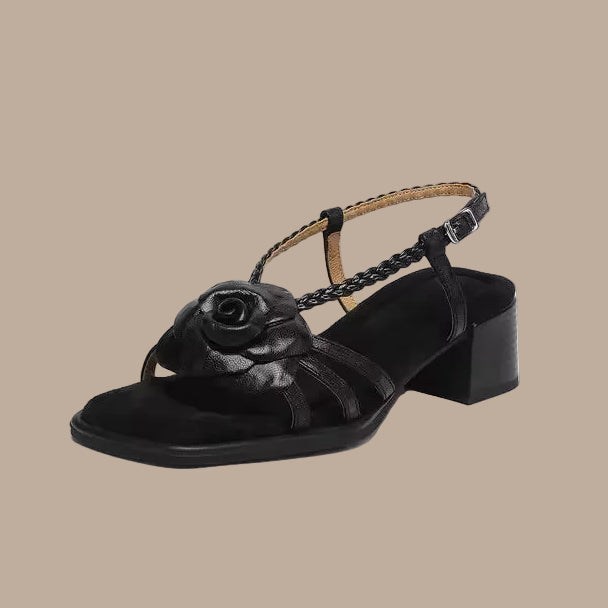 Women's Heeled Sandals – Square Toe Chunky Leather Floral Detail