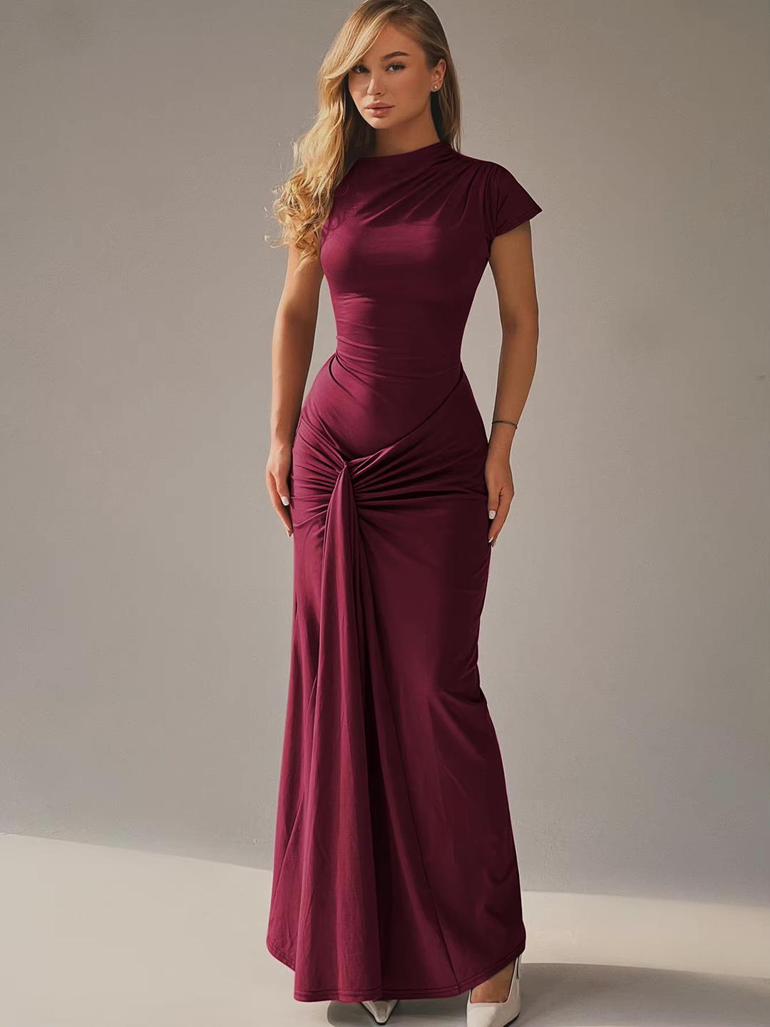 Maxi Dress – Asymmetric Neckline, Lace-Up Back Slim Fit for Women