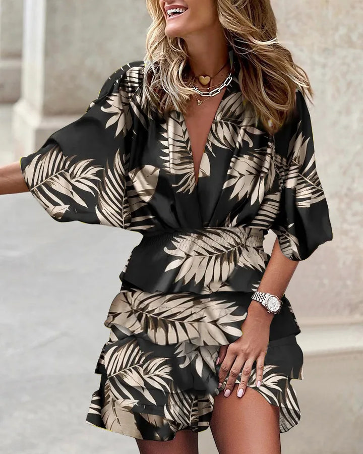 Women's Boho Printed Ruffle Mini Dress V-Neck – Tiered Summer