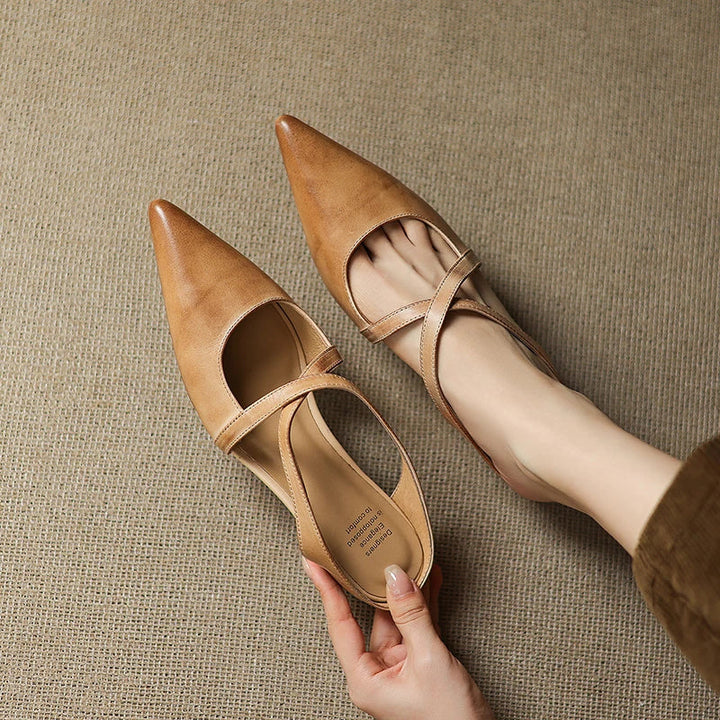 Women's Genuine Leather Cross-Strap Pointed Toe Mules – Low Wedge