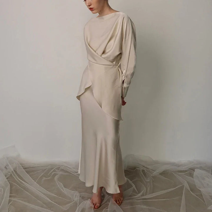 Satin Two Piece Set – Women's Long Sleeve Top & Floor-Length Skirt