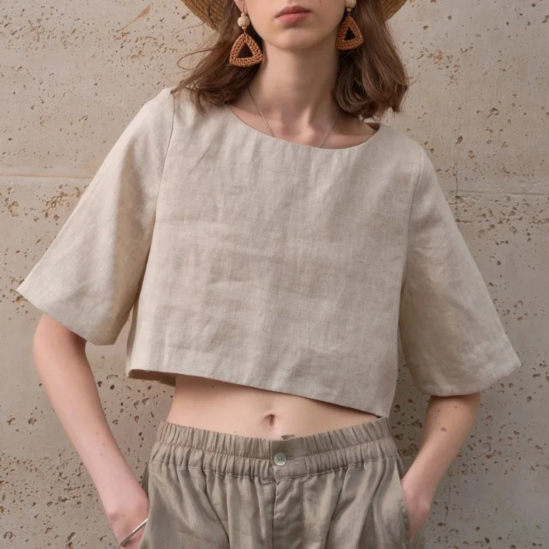 Women's 100% Linen Boxy Crop Top – Round Neck Half Sleeve