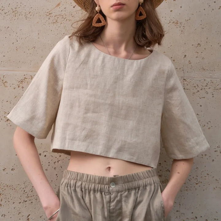 Women's 100% Linen Boxy Crop Top – Round Neck Half Sleeve
