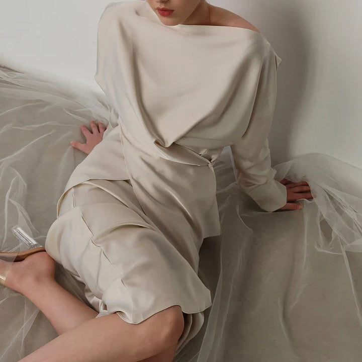 Satin Two Piece Set – Women's Long Sleeve Top & Floor-Length Skirt