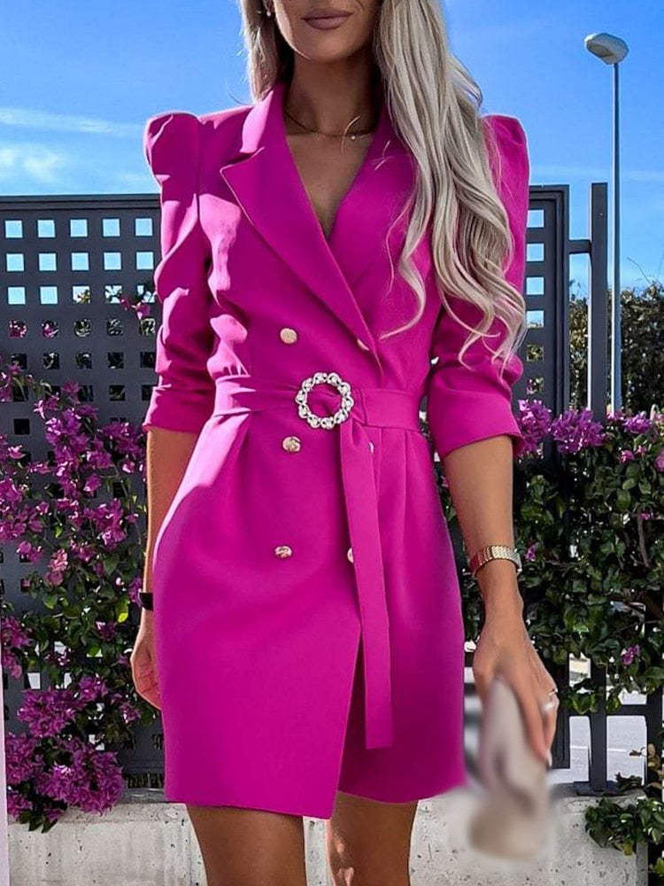 Women's Double-Breasted Blazer Mini Dress – Belted Structured Tailored