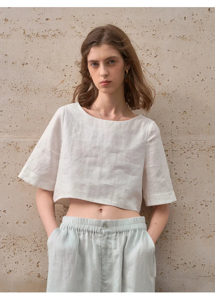 Women's 100% Linen Boxy Crop Top – Round Neck Half Sleeve