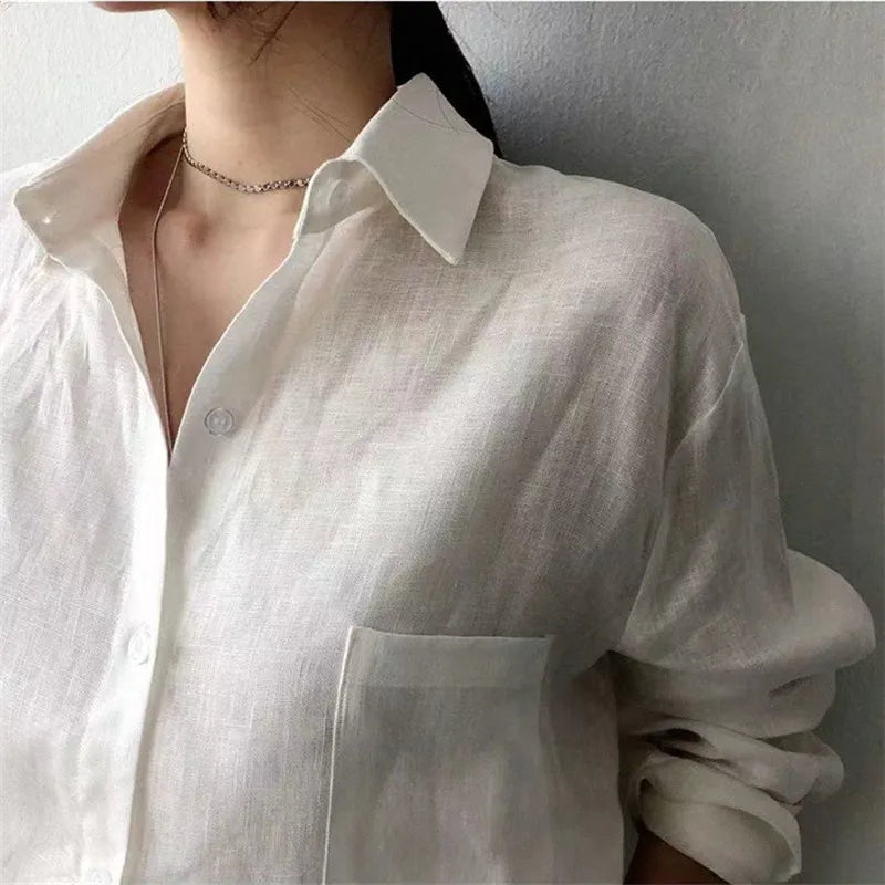 Women's Soft Linen Blend Open Collar Shirt – Relaxed Oversized Fit