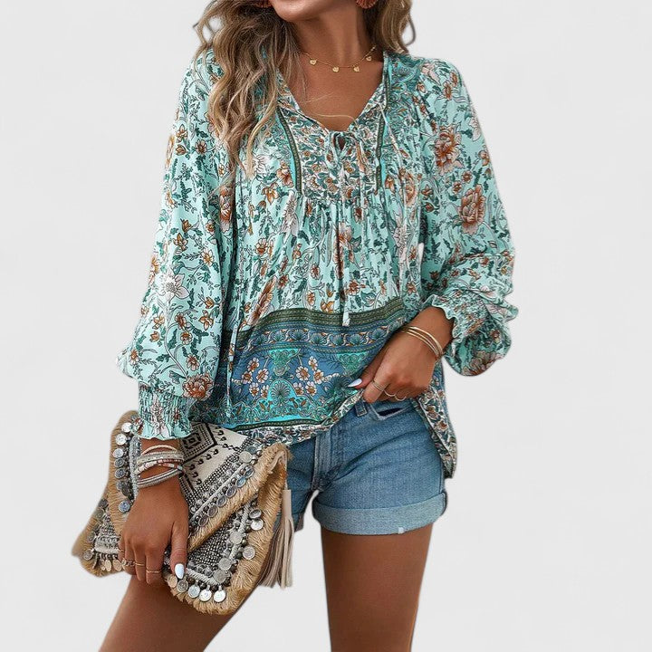 Women's Boho Floral Peasant Top V-Neck – Long Sleeve Gathered Summer