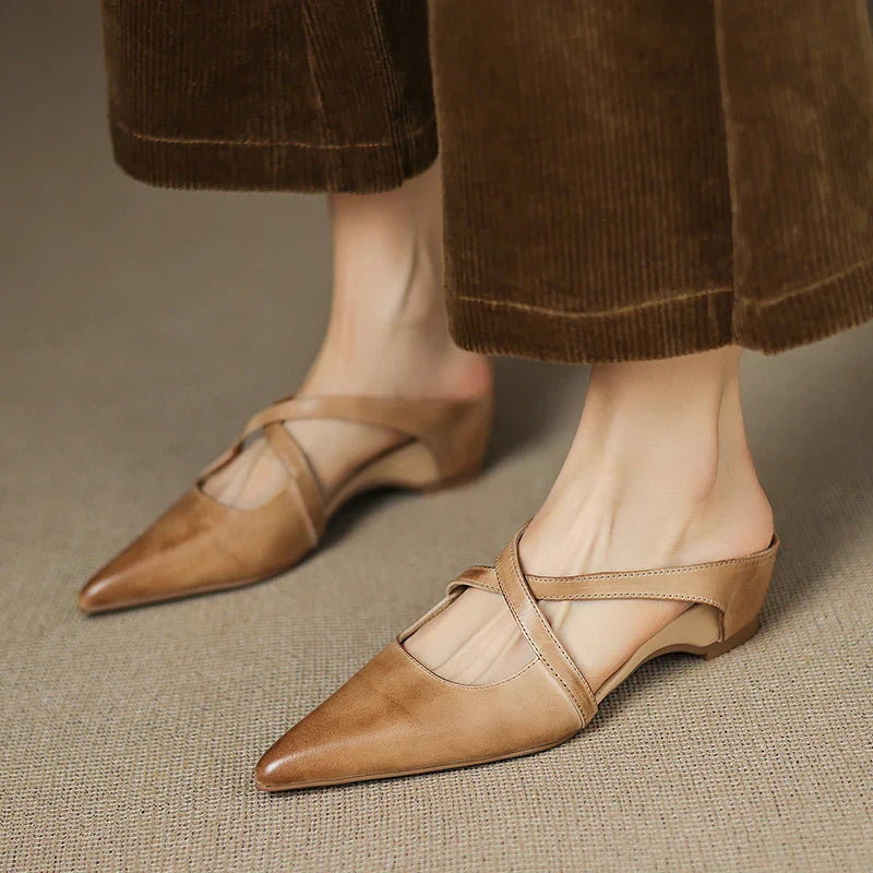 Women's Genuine Leather Cross-Strap Pointed Toe Mules – Low Wedge