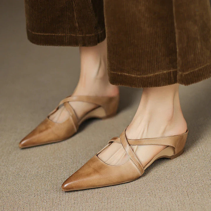 Women's Genuine Leather Cross-Strap Pointed Toe Mules – Low Wedge